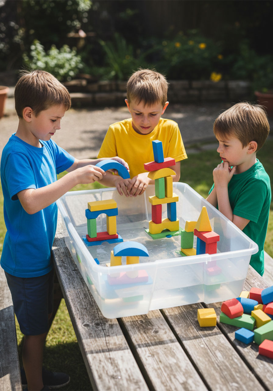 Group of school-age children collaborating on the Floating City STEM challenge building foam block structures in water