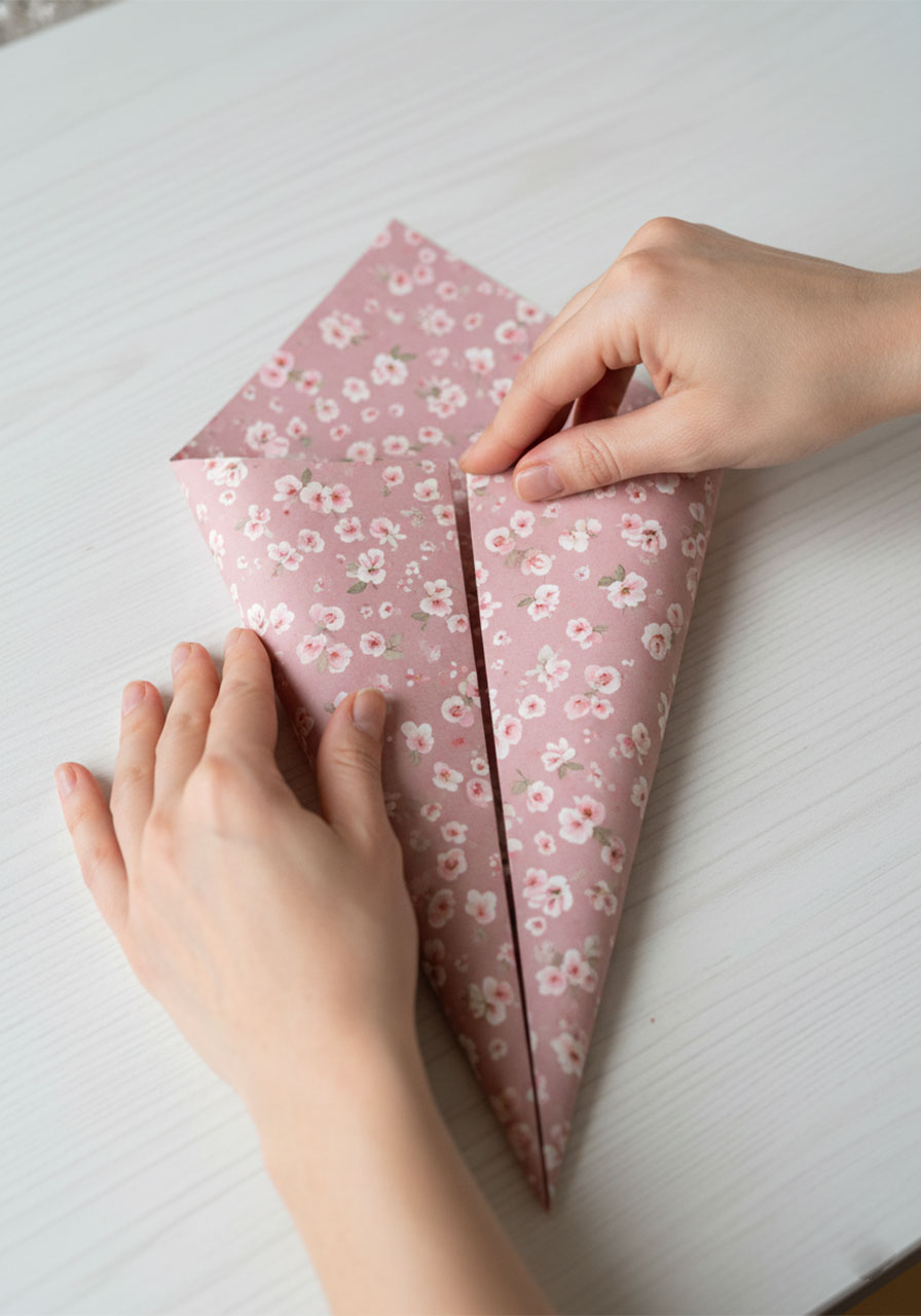 Hands folding a dusty pink patterned paper into a cone-shaped bouquet wrap as Step 3 of making a DIY forever bouquet card for Mother's Day