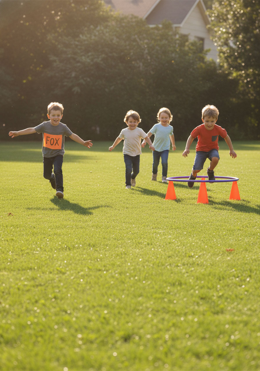 Kids playing the Fox Tag variation of the Rabbit Hole gross motor game, chasing each other toward the hula hoop safe zone