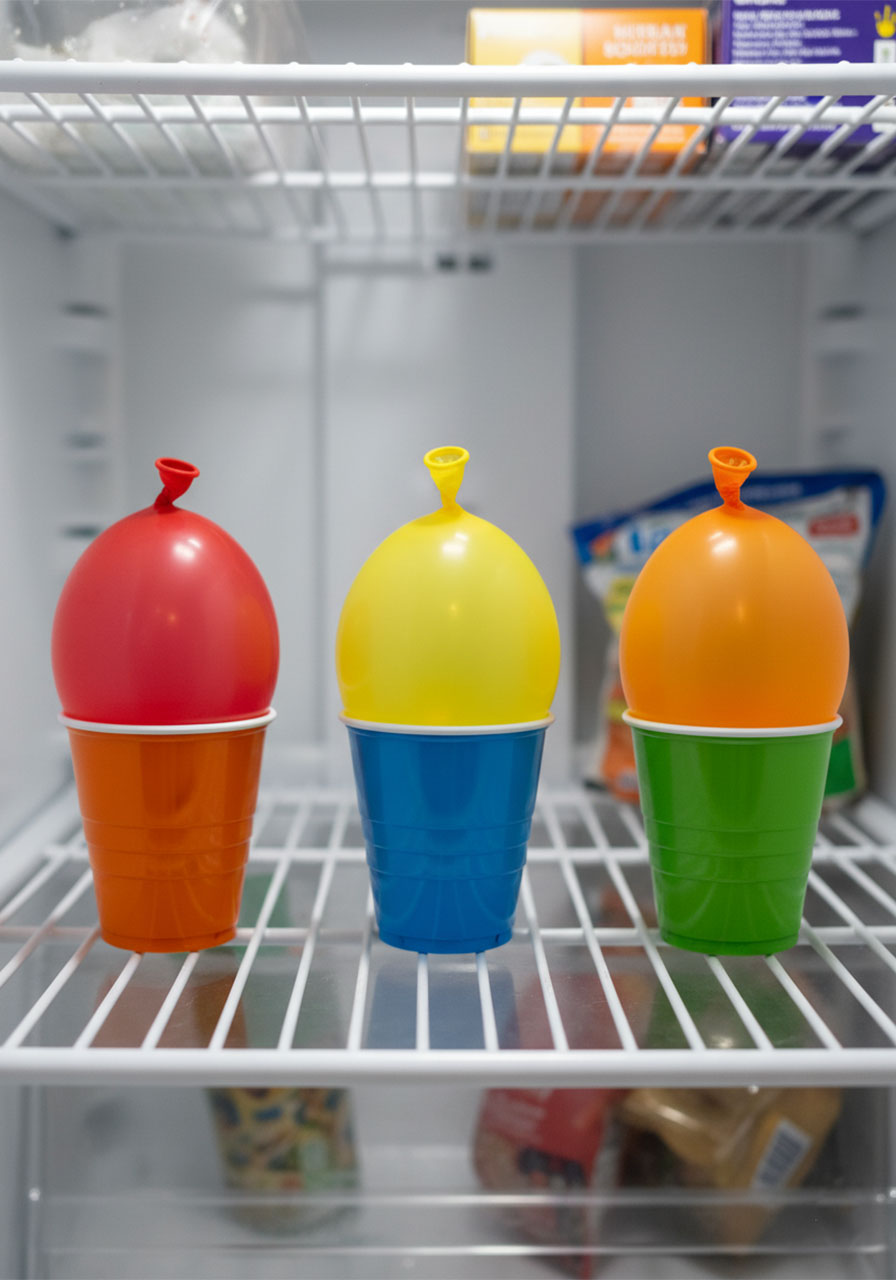Three water balloons with dinosaurs inside balanced upright in plastic cups in a home freezer ready to freeze overnight