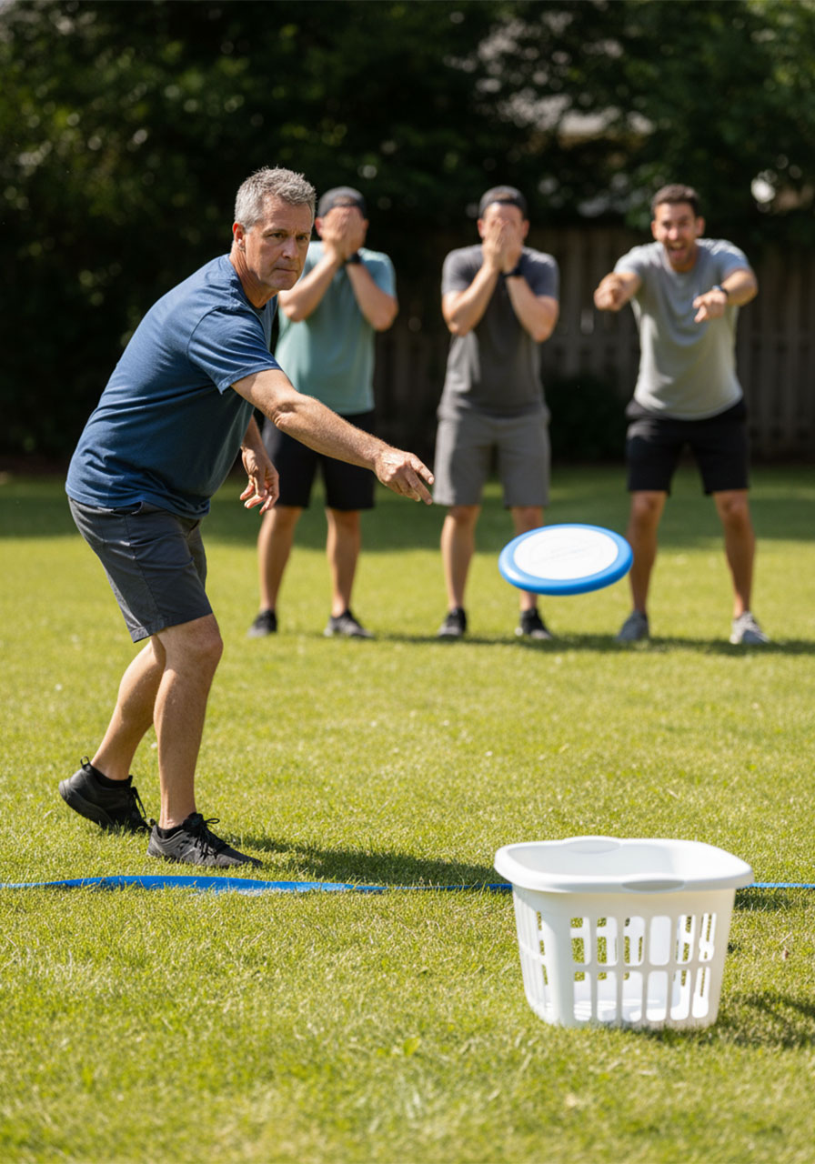 Adult man releasing a frisbee toward a laundry basket target during the frisbee golf event at a family olympic games
