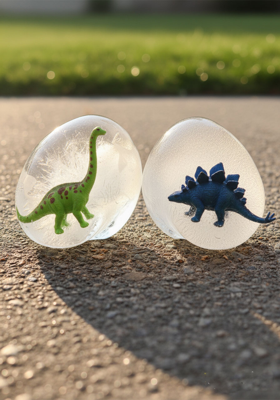 Two clear frozen dinosaur eggs on a driveway with plastic dinosaurs visible inside the ice