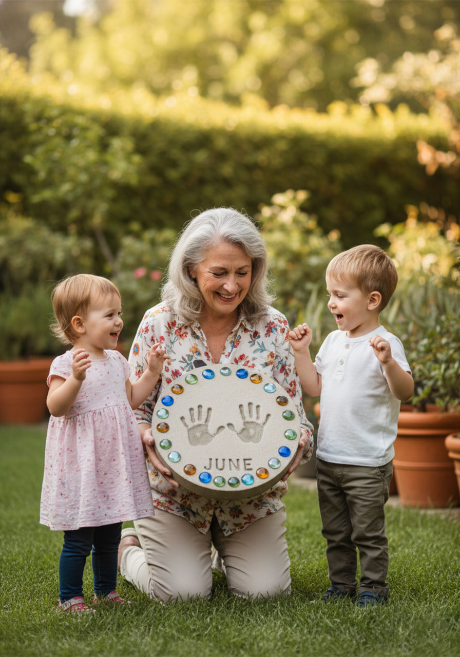 Grandmother smiling with tears of joy while holding a DIY handprint stepping stone gift from her grandchildren in her garden on Mother's Day