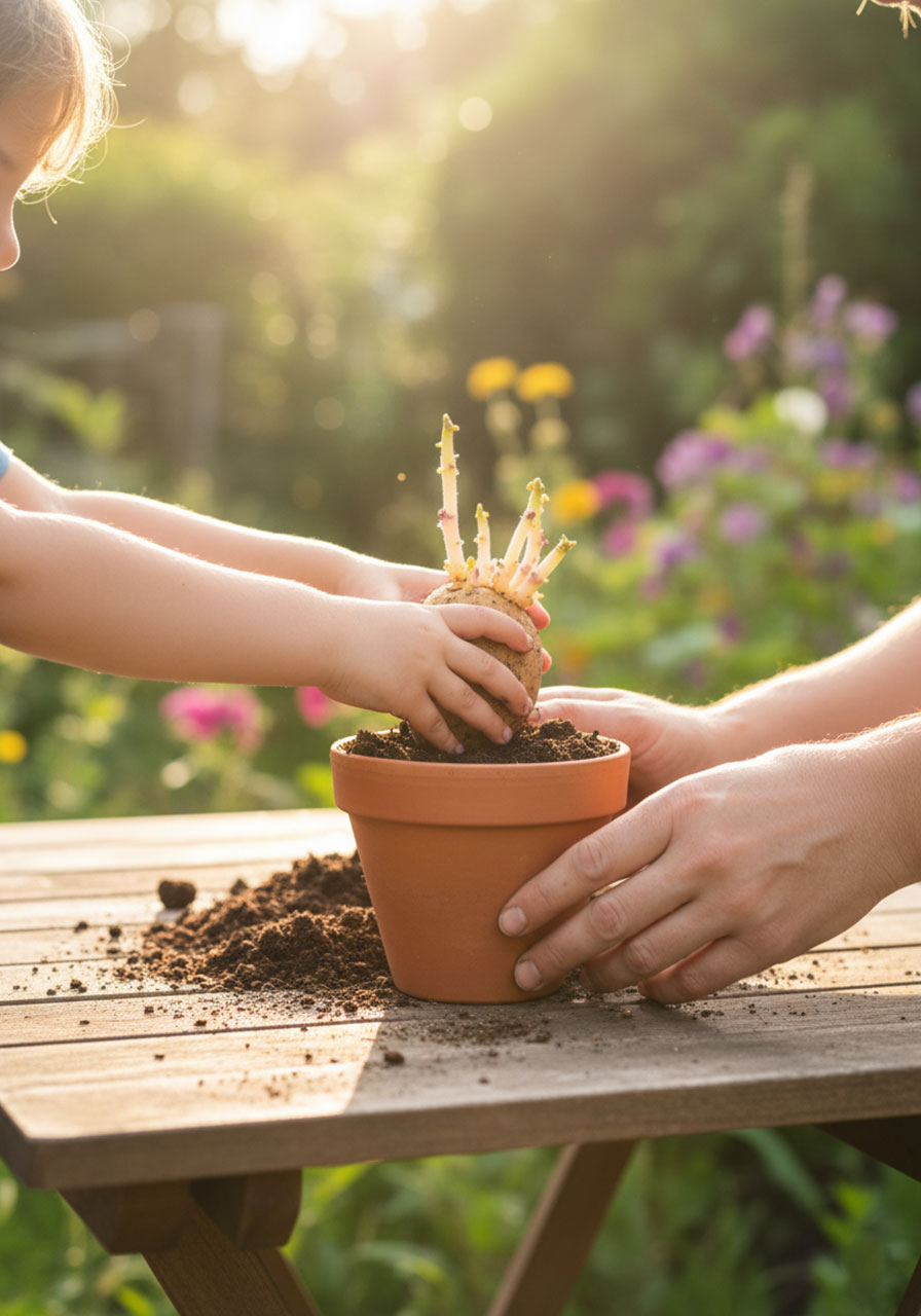 Toddler planting a sprouting potato into a soil-filled pot in the garden with parent guidance