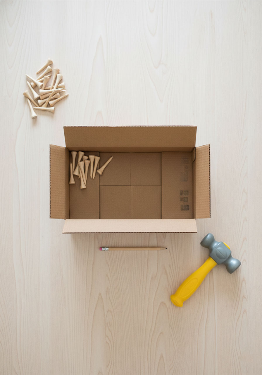 Complete supply setup for toddler cardboard box hammering activity – cardboard box, golf tees, toy hammer, and pencil