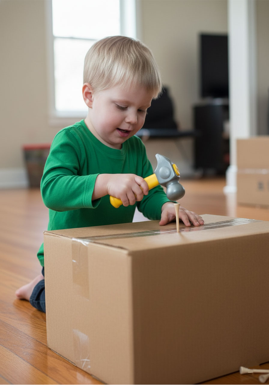 Toddler boy hammering golf tee into cardboard box top with toy hammer – fine motor activity