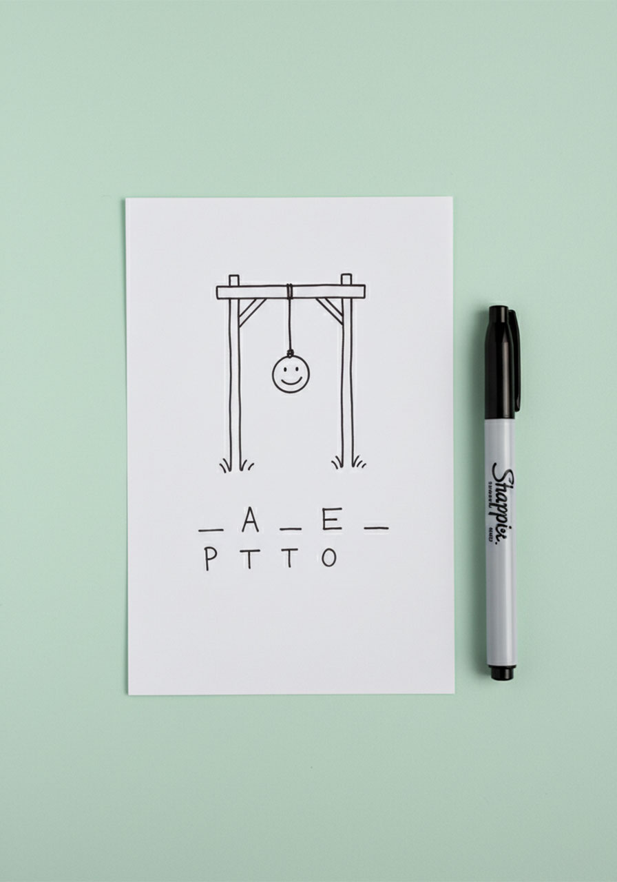 Classic Hangman pen and paper game showing gallows drawing with dashes and incorrectly guessed letters written below