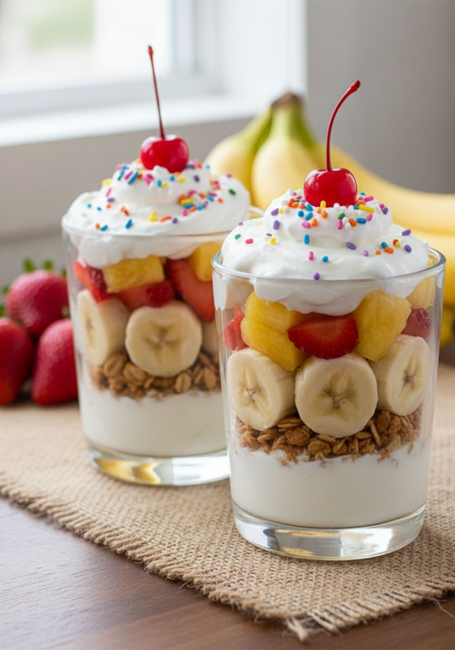 Healthy banana split cups layered with Greek yogurt, granola, fresh fruit, whipped cream, and a cherry, a nutritious dessert kids will love