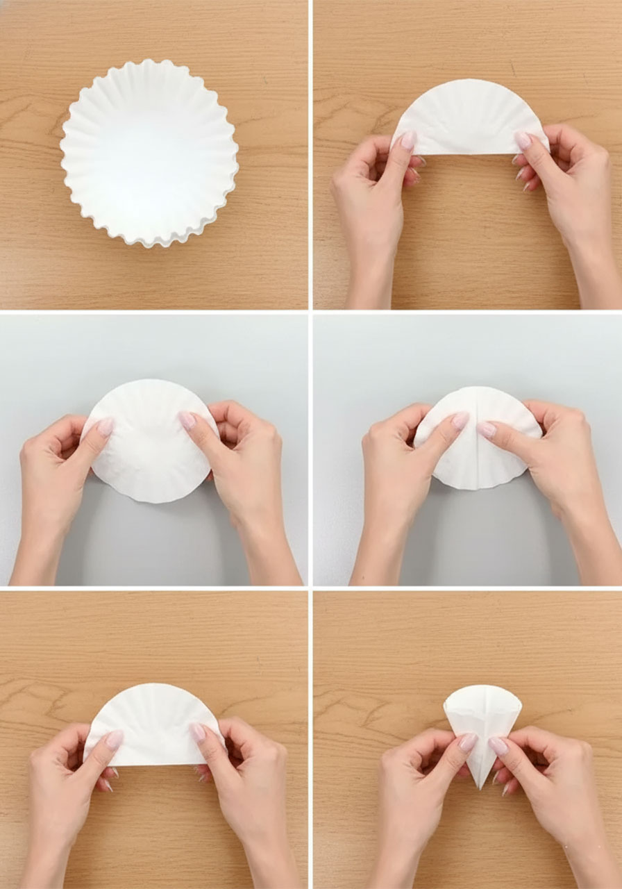 Hands folding stacked coffee filters into a wedge shape before cutting petal curves for a DIY flower craft step 1b