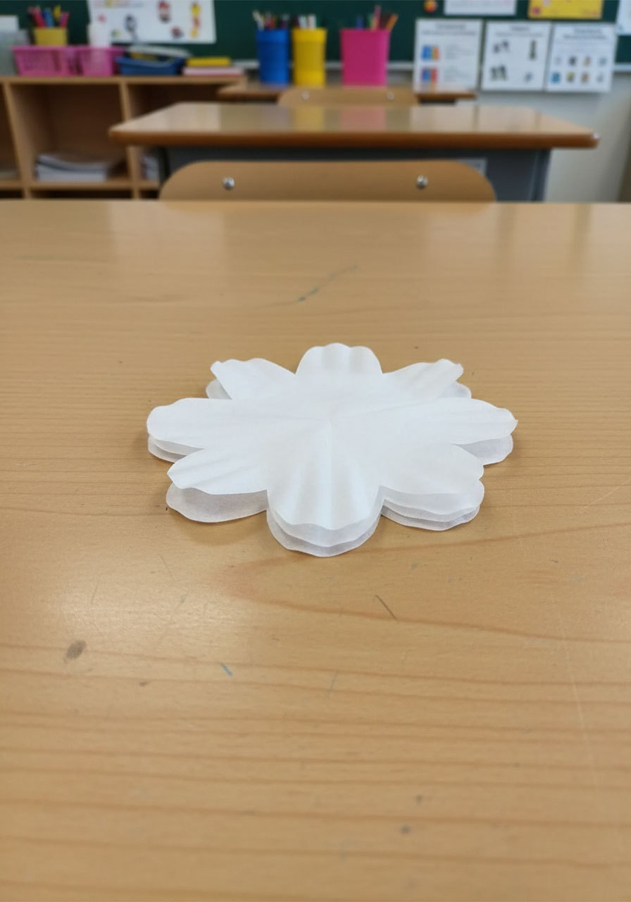 Hands folding stacked coffee filters into a wedge shape before cutting petal curves for a DIY flower craft step 1d