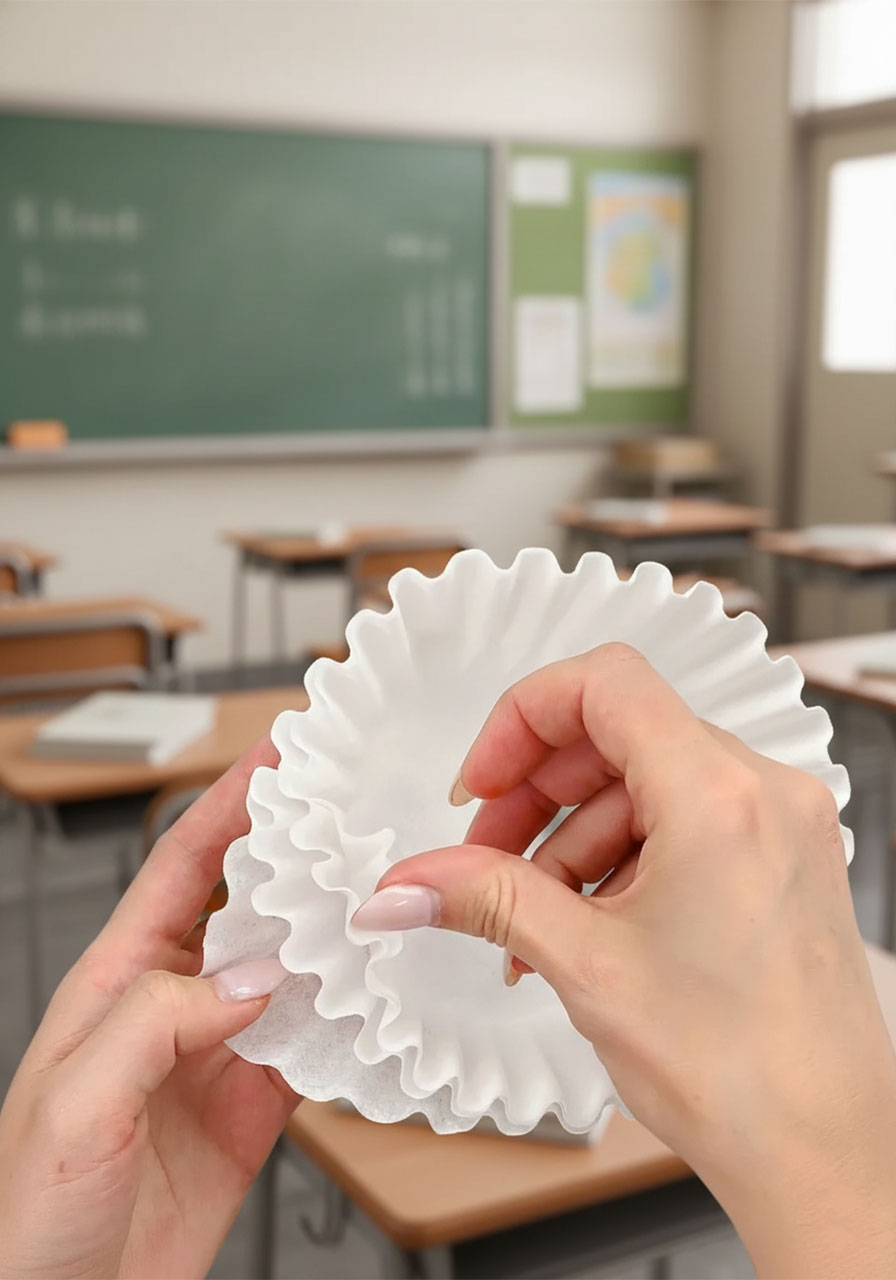 Hands folding stacked coffee filters into a wedge shape before cutting petal curves for a DIY flower craft