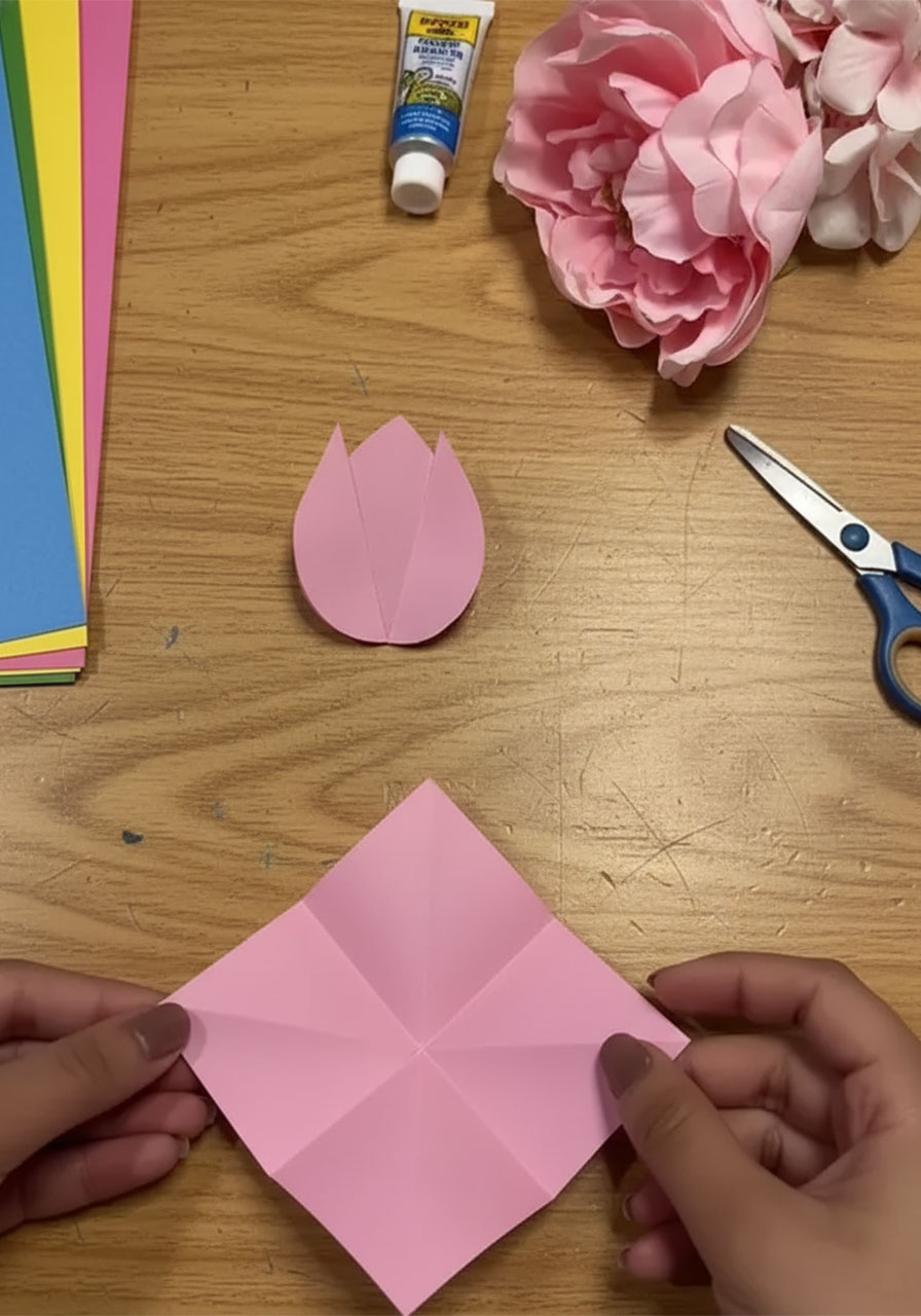 Step-by-step flat lay showing how to fold a 3D paper tulip for a DIY Mother's Day bouquet card, five stages from flat square to finished flower step1c