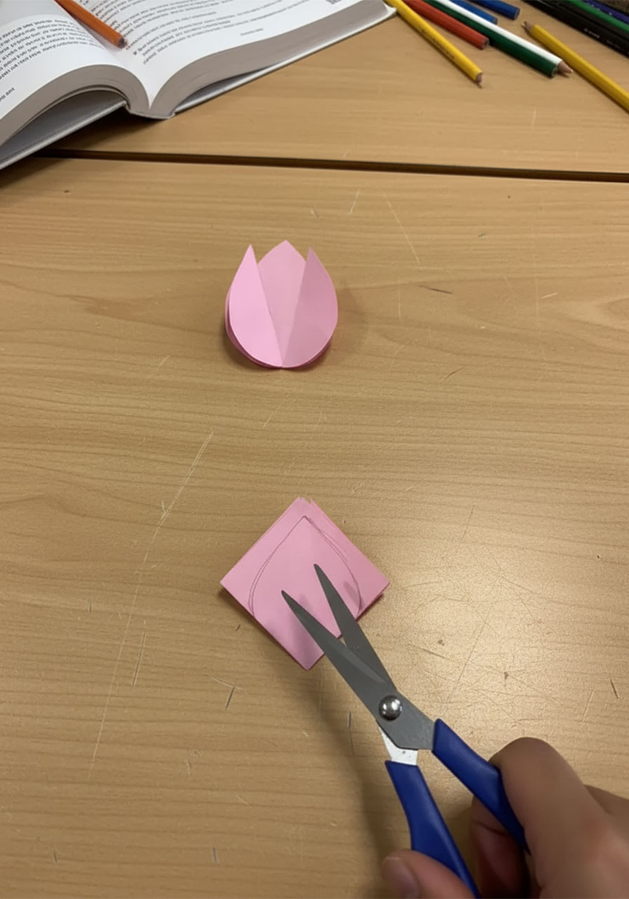 Step-by-step flat lay showing how to fold a 3D paper tulip for a DIY Mother's Day bouquet card, five stages from flat square to finished flower step1e