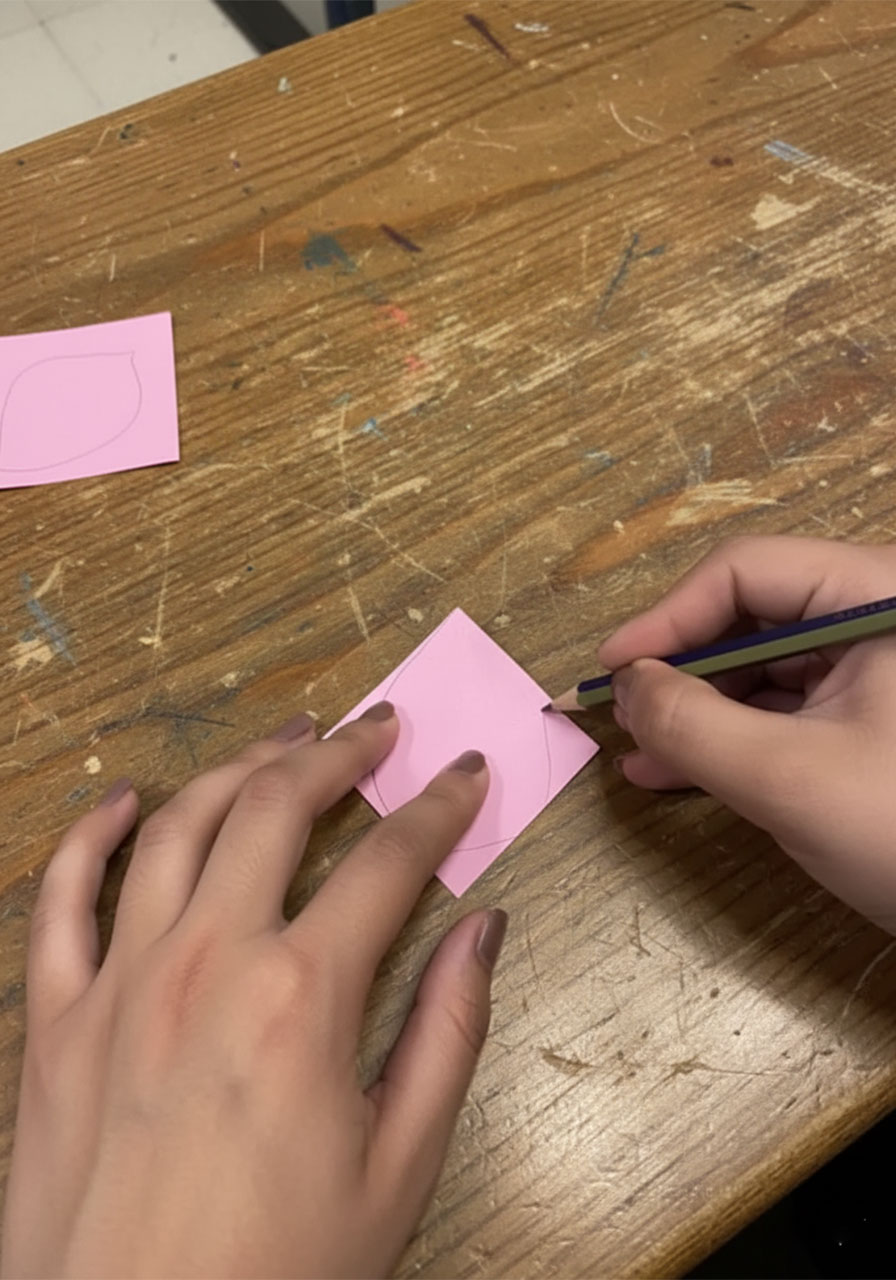 Step-by-step flat lay showing how to fold a 3D paper tulip for a DIY Mother's Day bouquet card, five stages from flat square to finished flower step1i