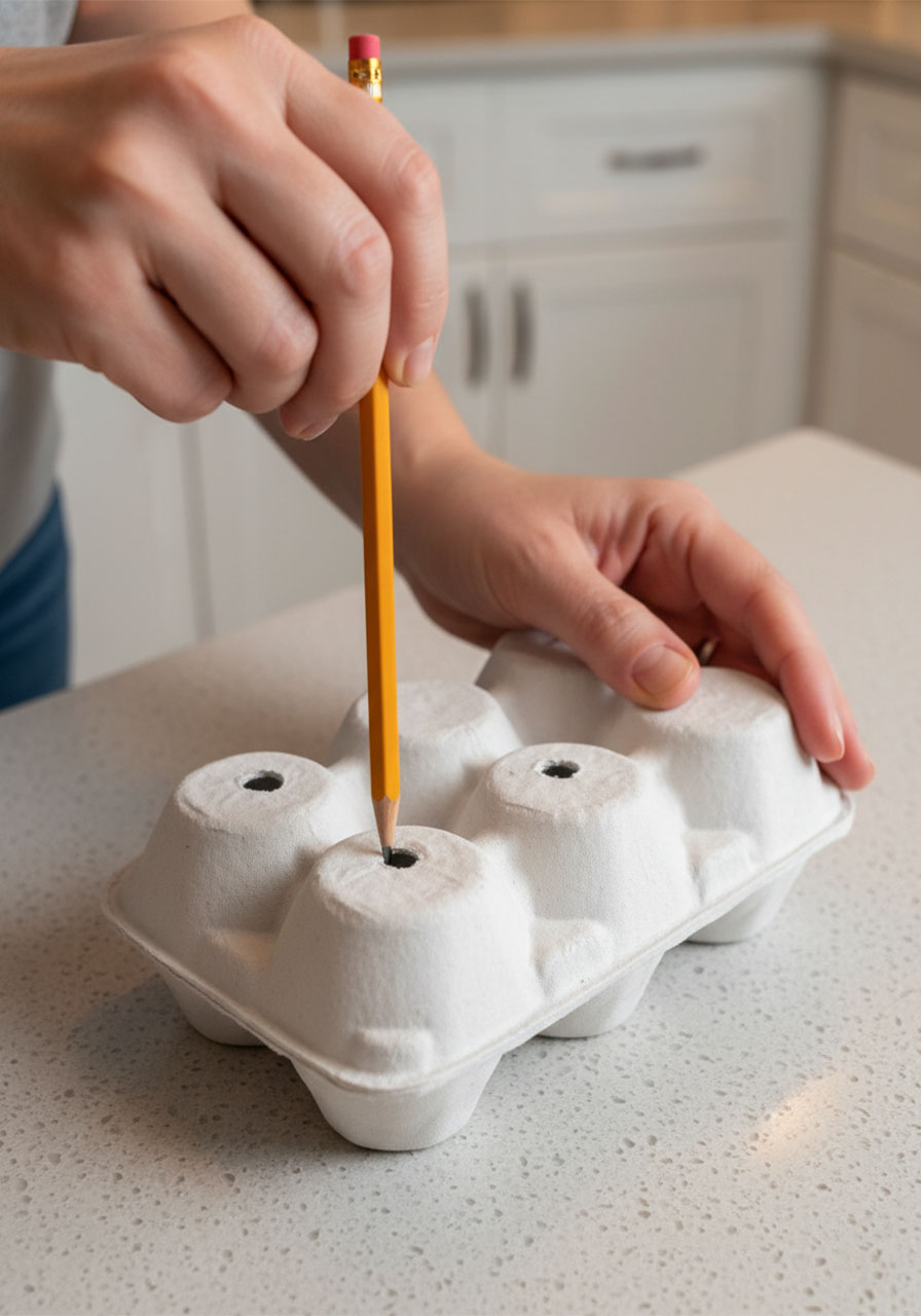 Adult hands using a pencil to poke holes in an upside-down egg carton to make the Q-tip push baby activity
