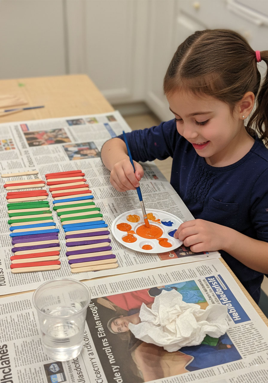Child painting colorful wooden craft sticks for a DIY gratitude pick-up sticks game