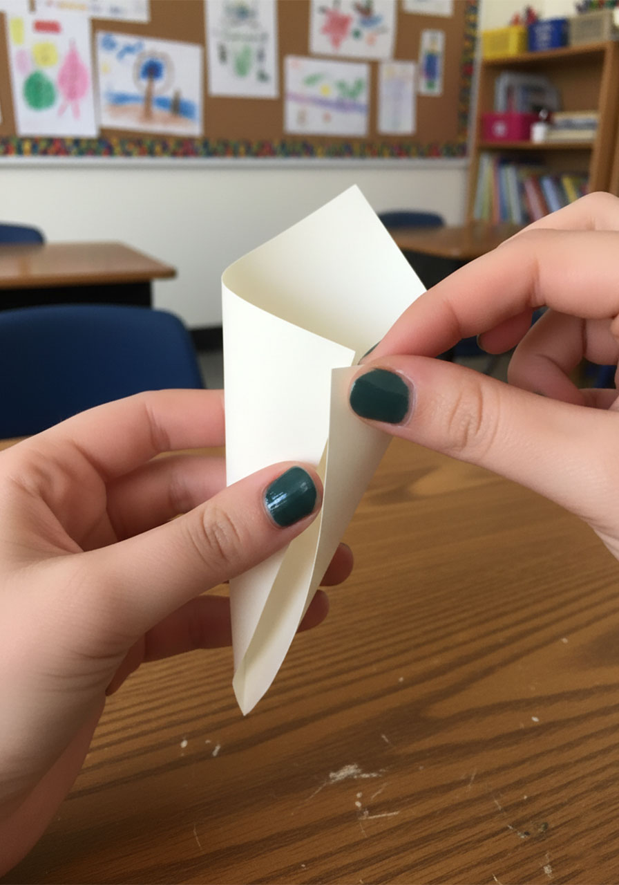 Two hands rolling white cardstock into a cone shape for a DIY paper rose bouquet, step 1 of the tutorial step1a