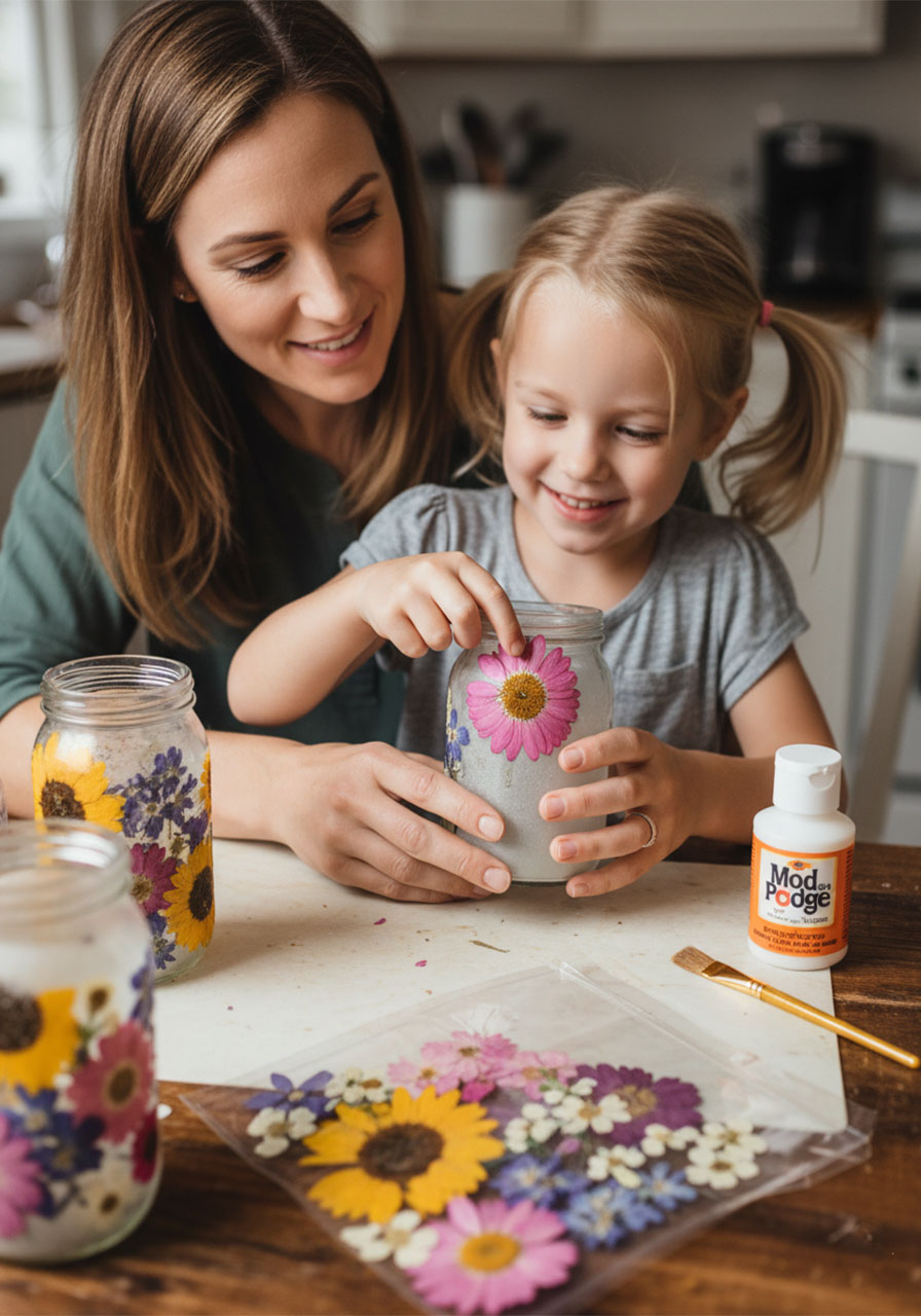 A mother and young daughter making DIY pressed flower lanterns together as a fun Mother's Day craft activity at a kitchen table