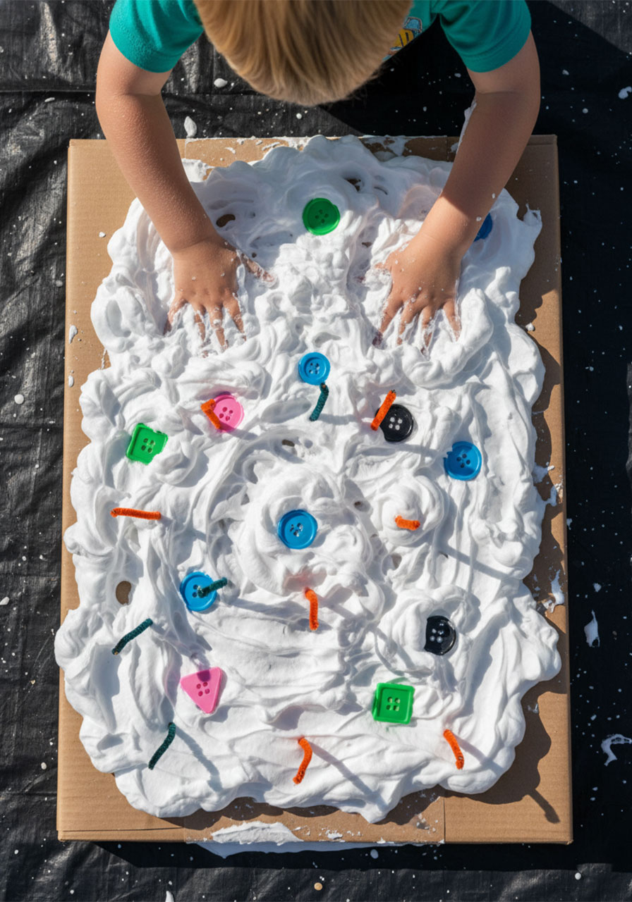 Young child pressing colorful buttons and pipe cleaners into shaving cream frosting on cardboard birthday cake sensory play activity