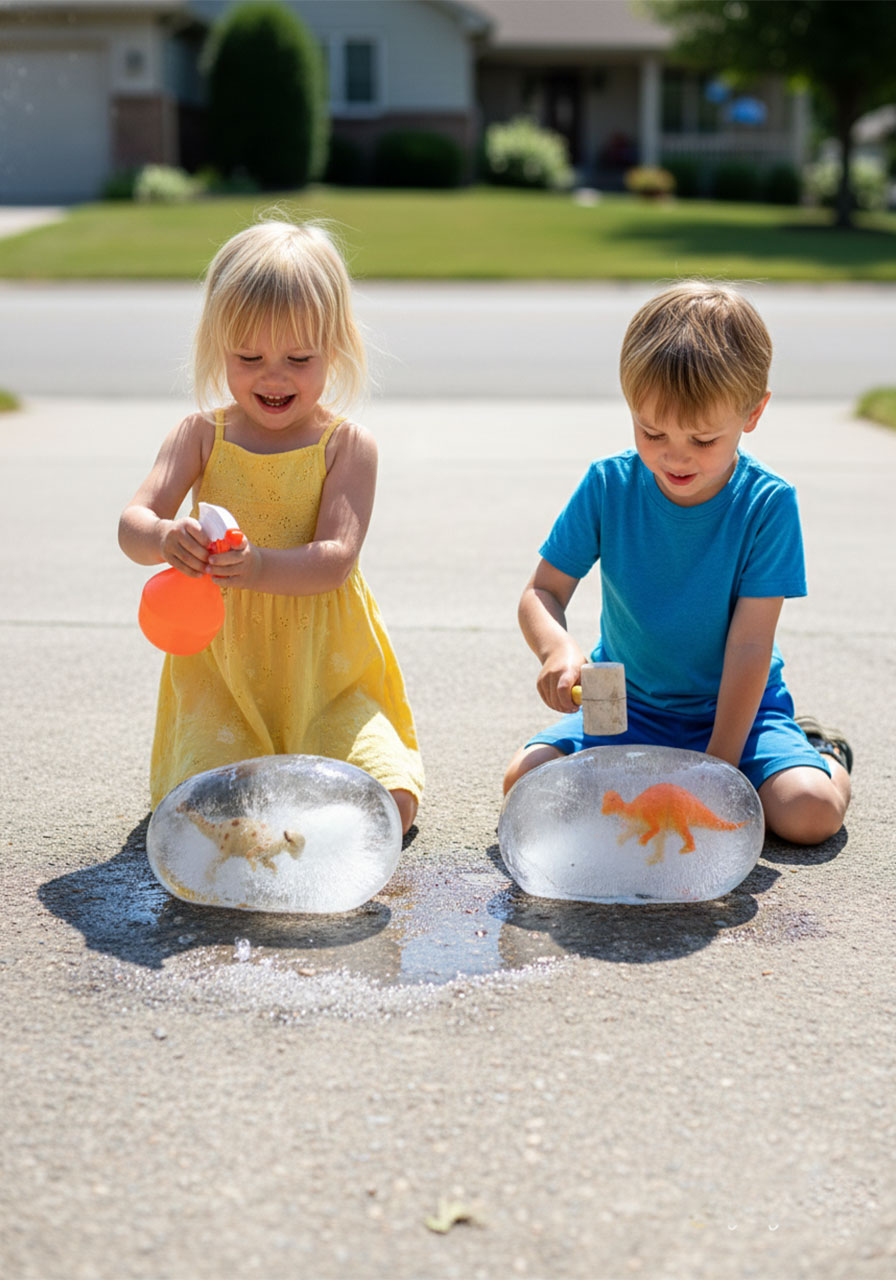 Two young children outdoors excavating frozen dinosaur eggs using a spray bottle and mallet on a sunny summer day