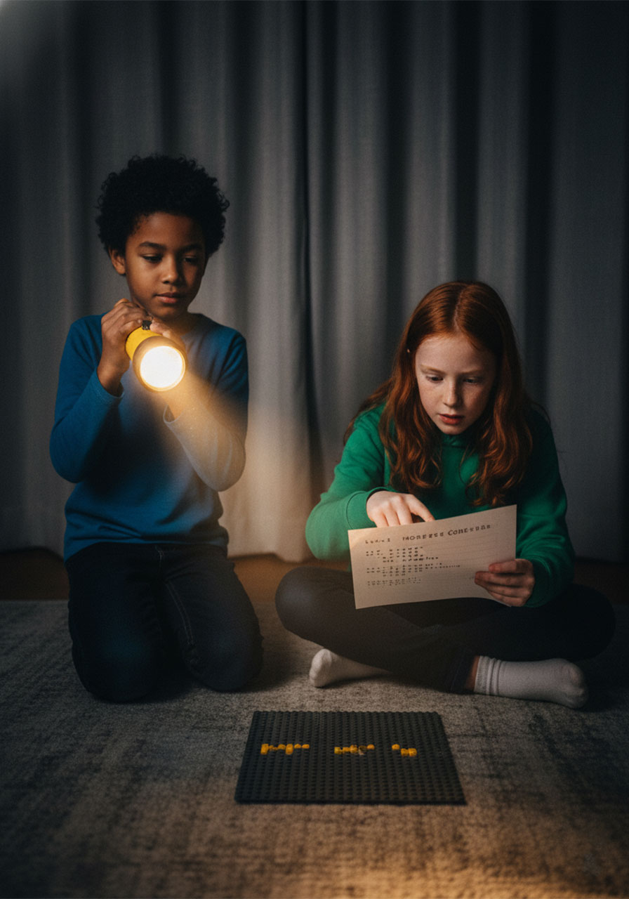 Two kids using a flashlight to send and decode Morse Code messages in a darkened room as a fun activity extension
