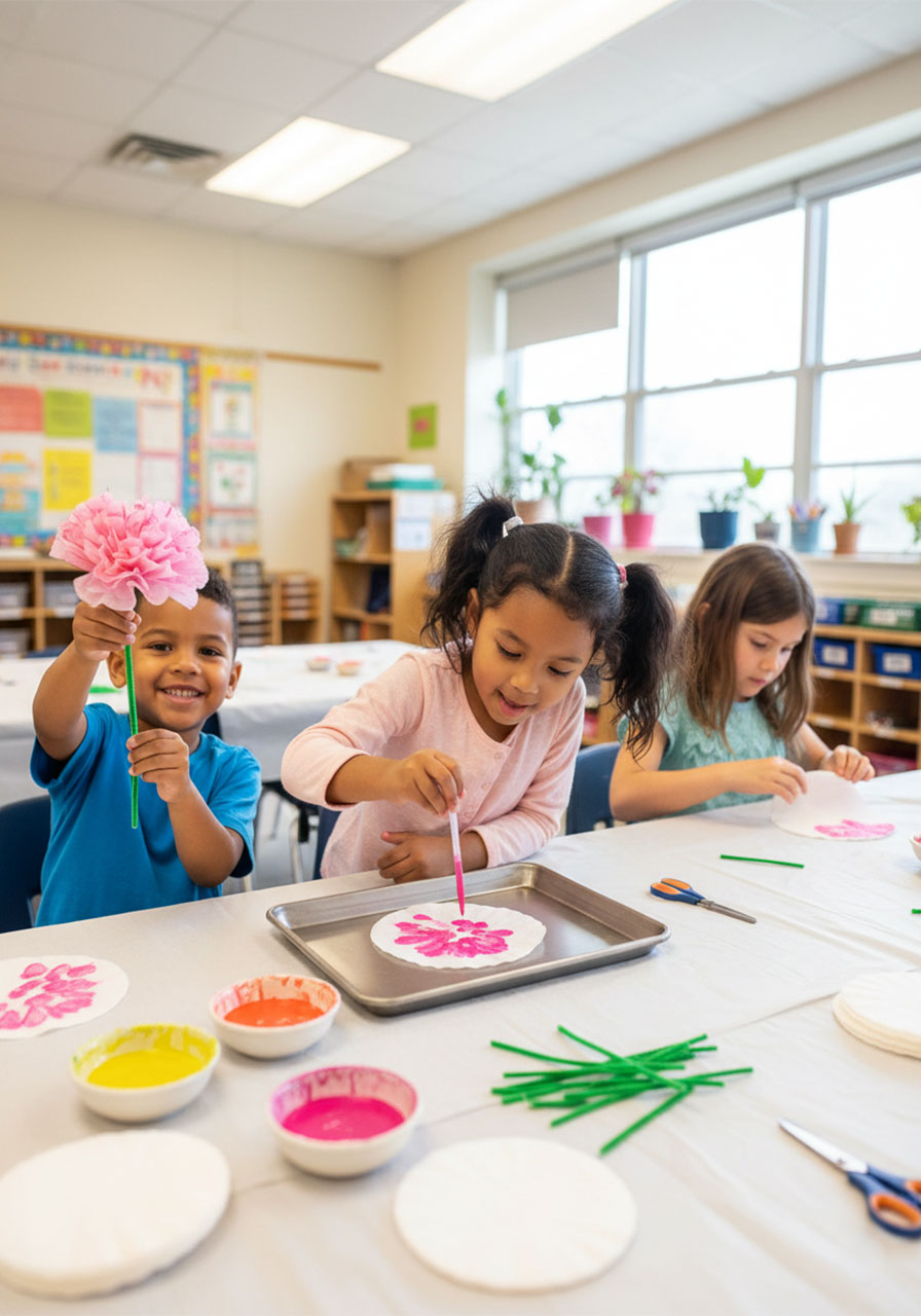 Elementary school kids making easy coffee filter flowers as a Mother's Day classroom craft activity