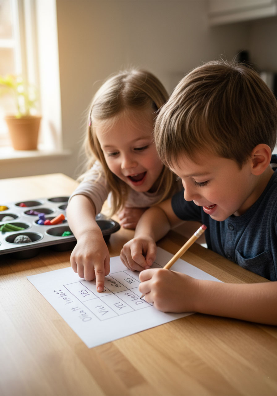 Young kids filling out a prediction chart for a simple sun science experiment at home