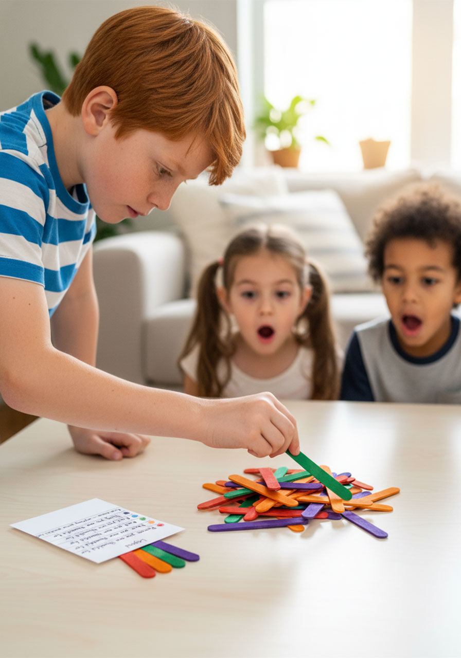 Kids playing the gratitude pick-up sticks game at a family table, one child carefully pulling a green stick from the pile