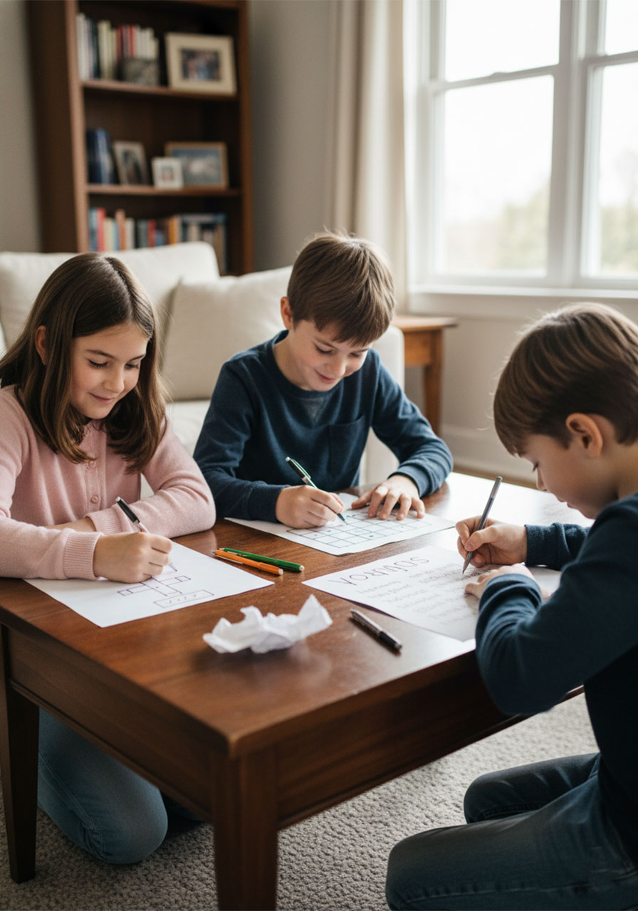 Three happy kids playing different pen and paper games at a coffee table with no screens, bright natural light in a cozy living room