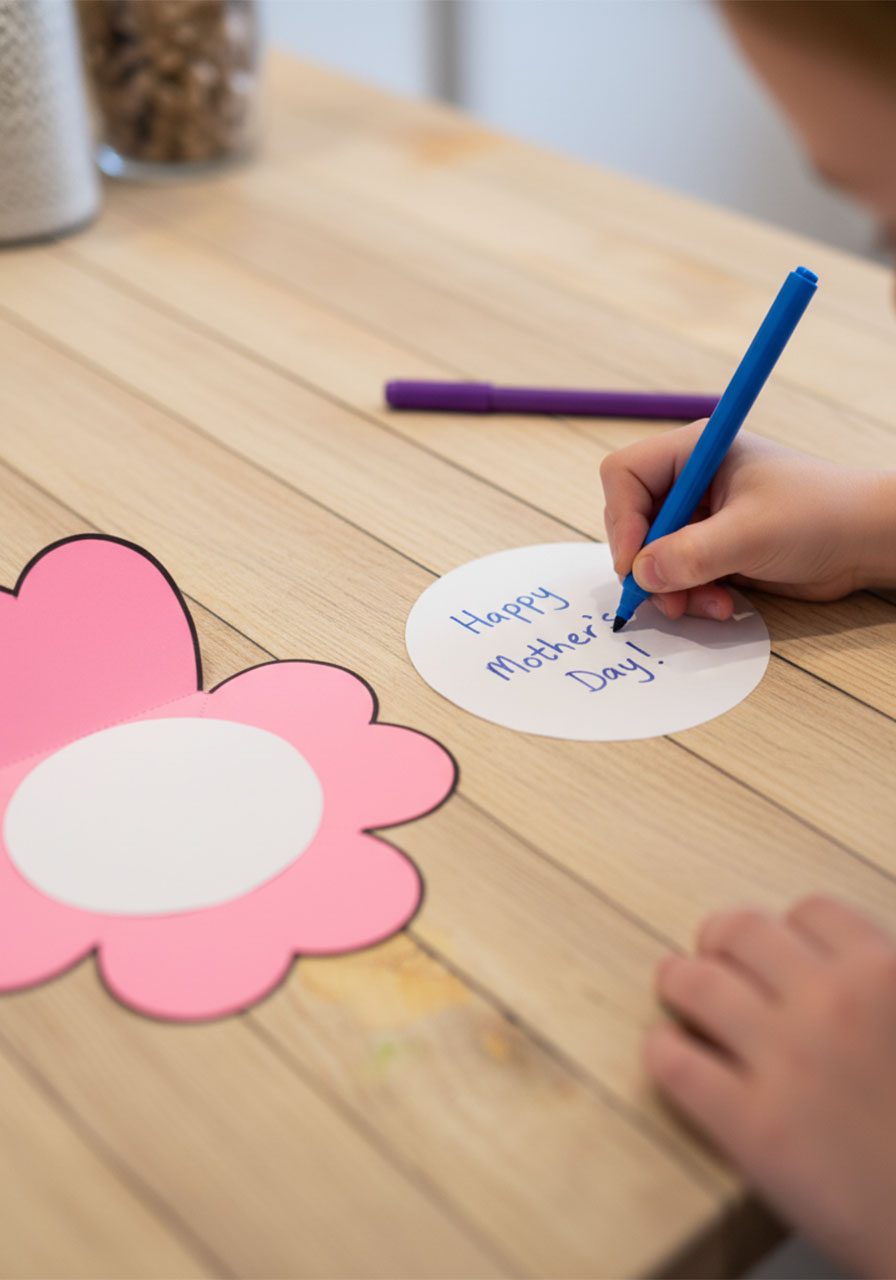 Child writing "Happy Mother's Day!" on a paper circle for a homemade Mother's Day heart card craft — fun kids' craft idea