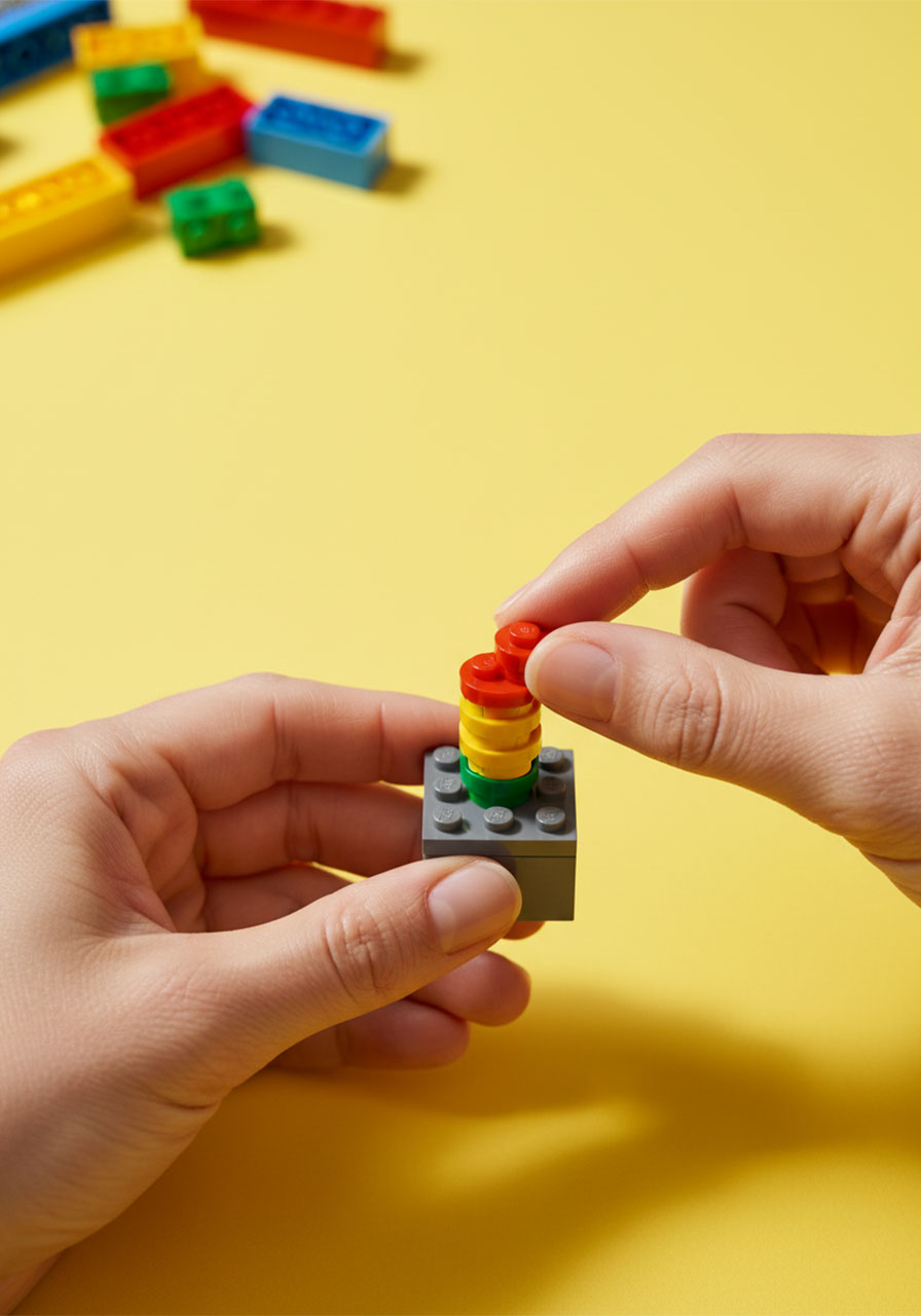 Close-up of hands building a LEGO stoplight model mid-construction during a LEGO Charades game