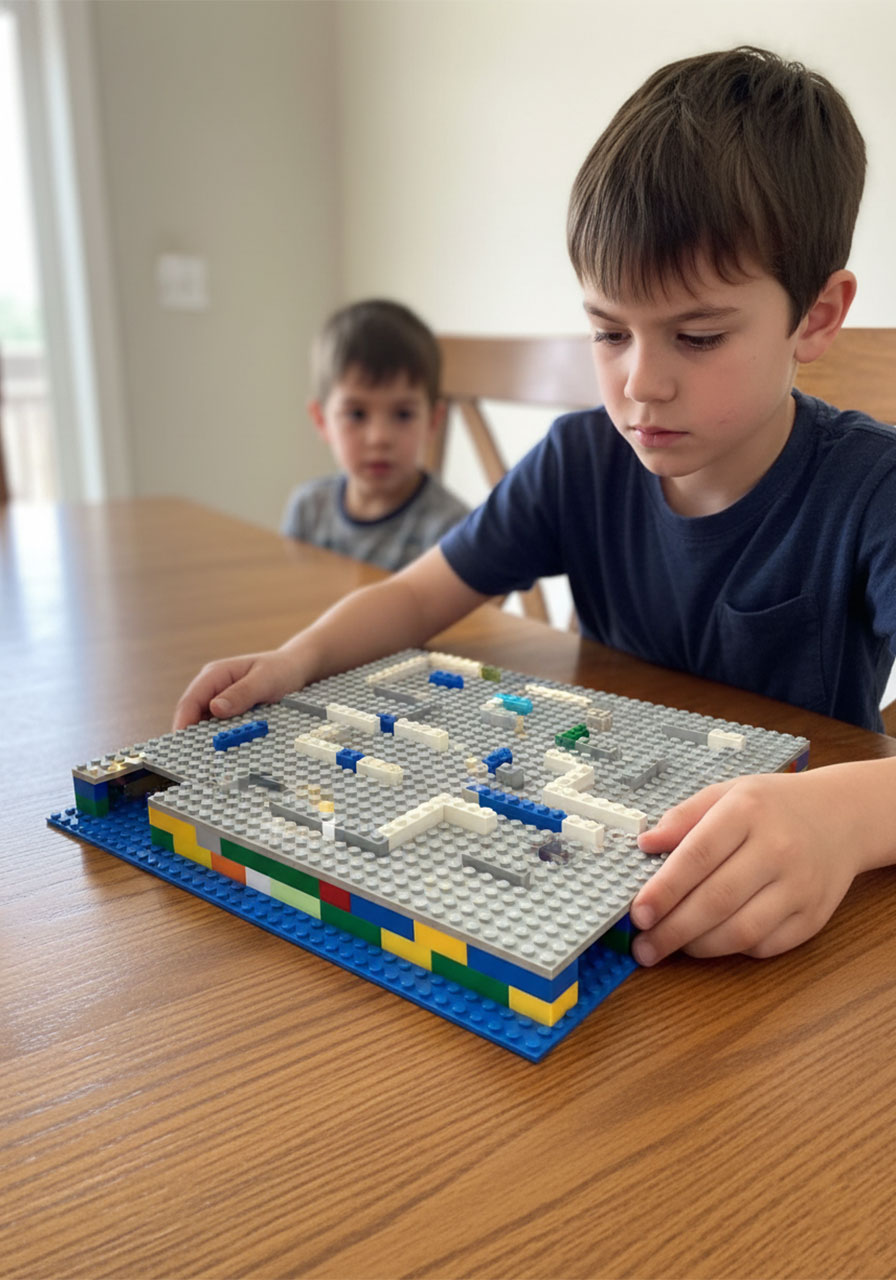 Boy navigating an advanced blind LEGO marble maze with a fully covered top, unable to see the marble inside