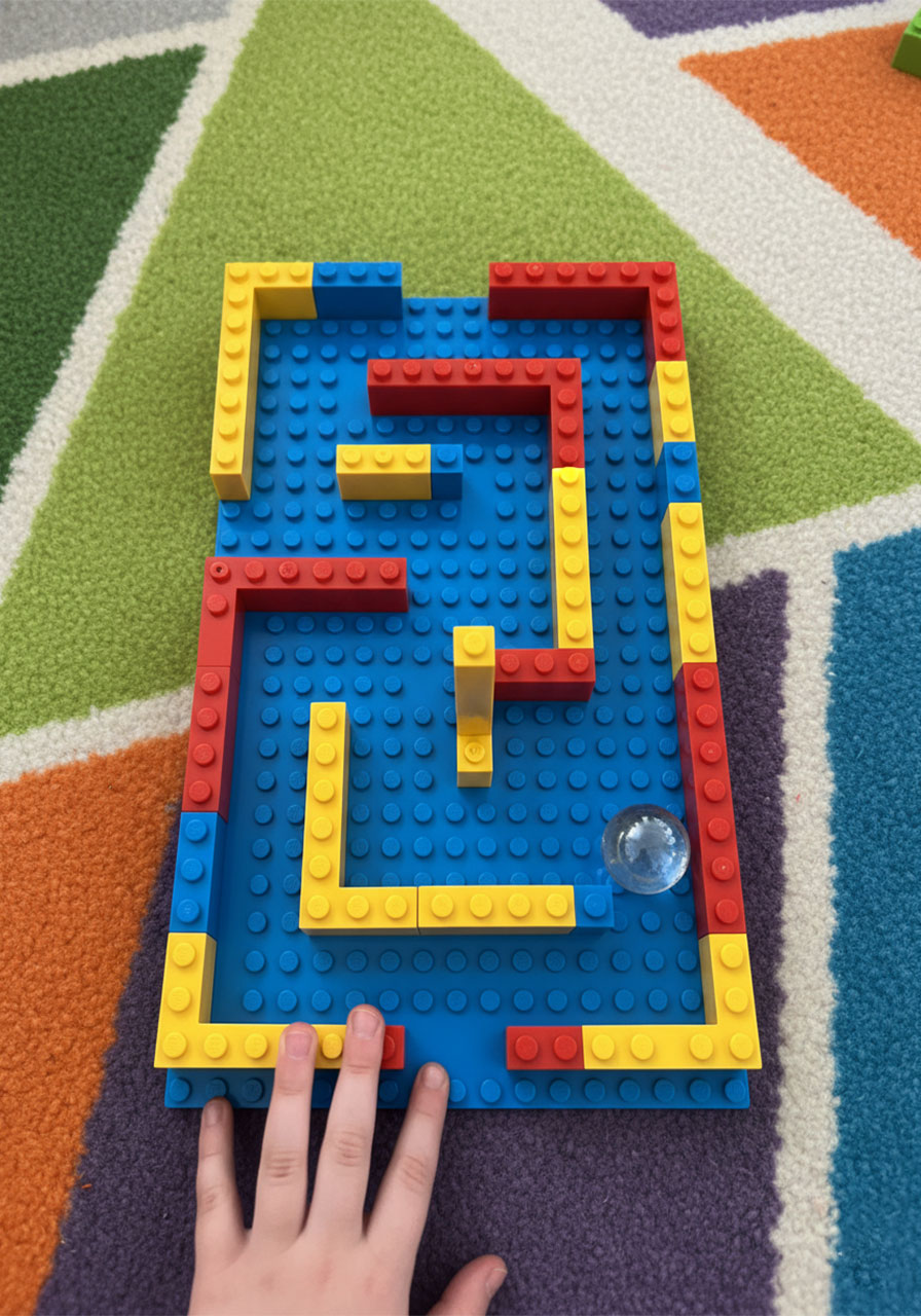 Simple beginner LEGO marble maze with one wide winding path on a small baseplate, designed for kids ages 4 to 5