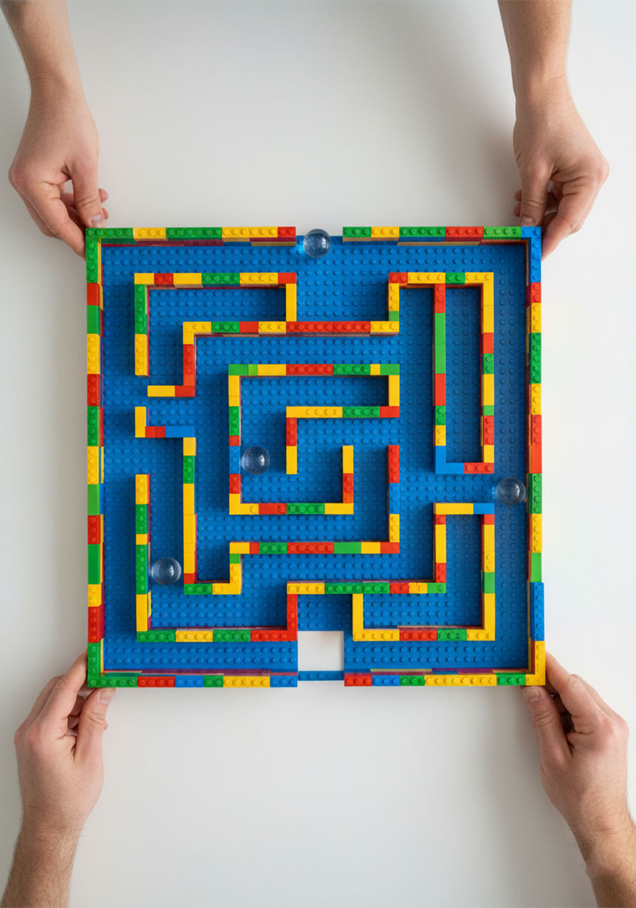 Overhead view of a LEGO marble maze with three glass marbles at different points inside the colorful brick paths