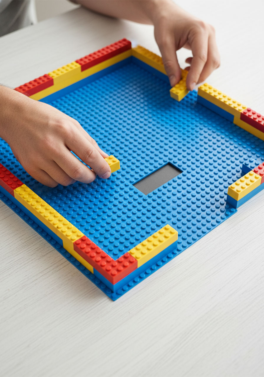 Hands placing colorful LEGO bricks around the border of a baseplate to build the outer wall of a marble maze