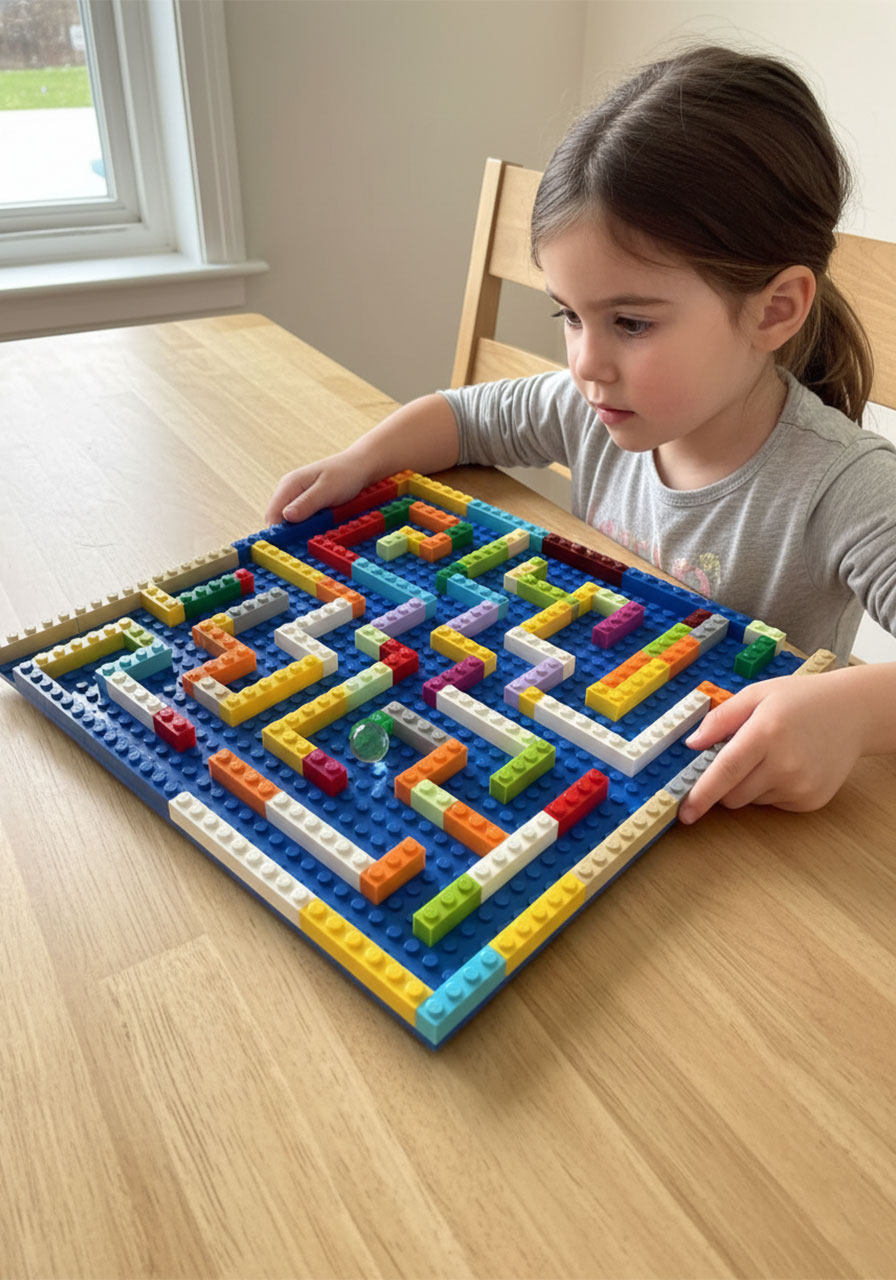Young girl tilting a completed colorful LEGO marble maze board to guide a glass marble through the brick paths