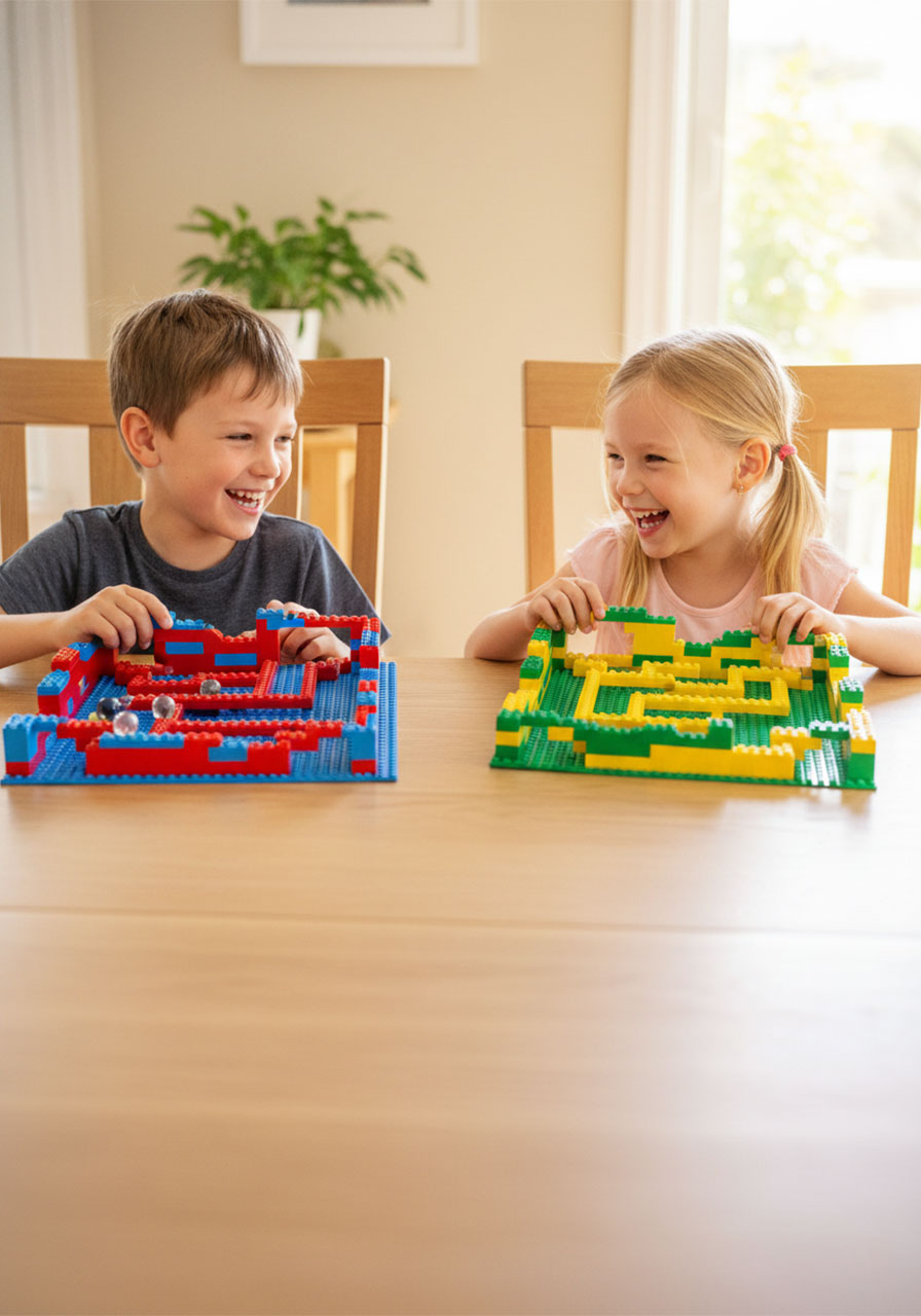 Two kids at a table each tilting their own LEGO marble maze during a maze swap playdate challenge