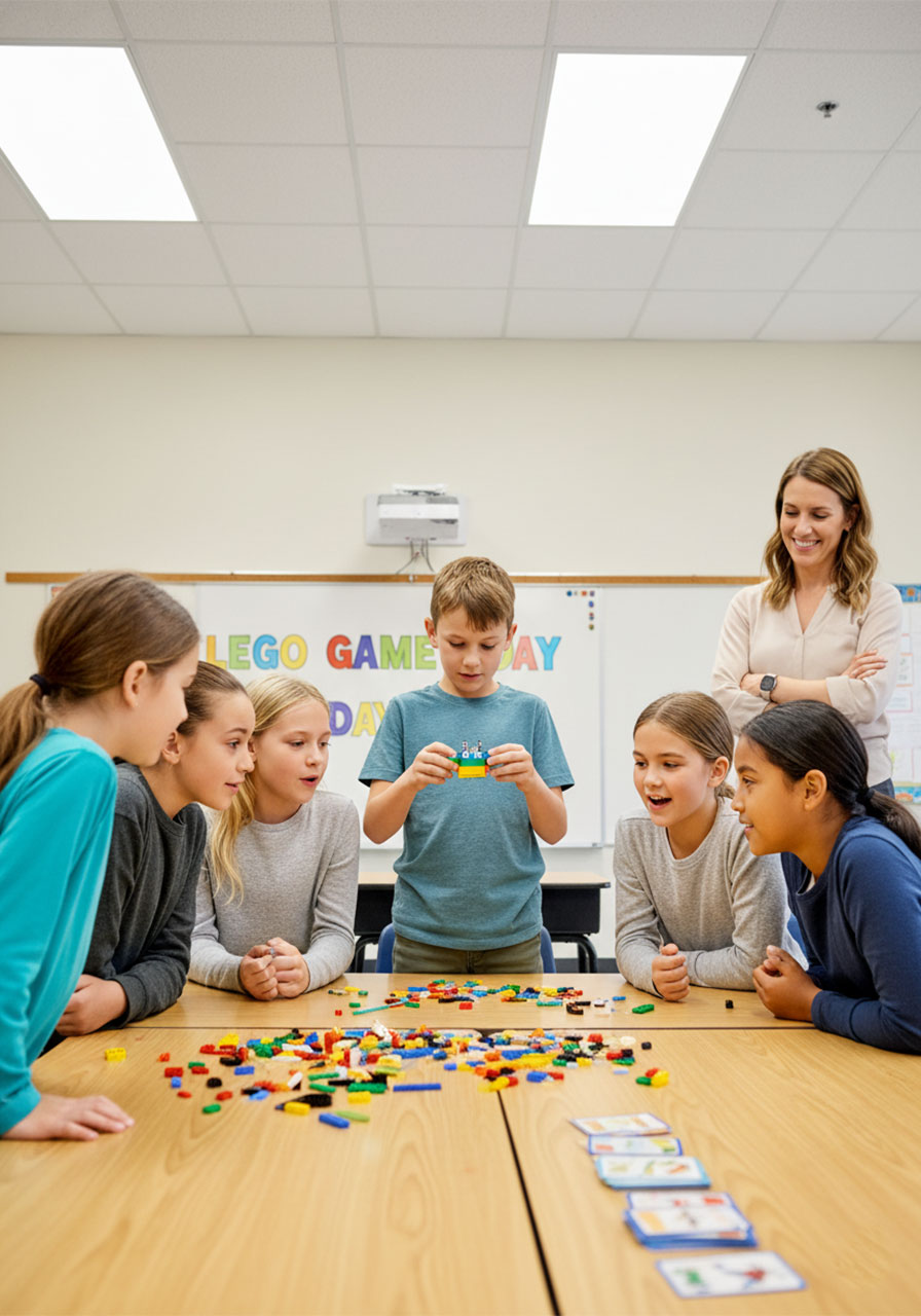 Elementary school teacher and students playing LEGO Pictionary as a classroom activity around a desk covered in LEGO bricks