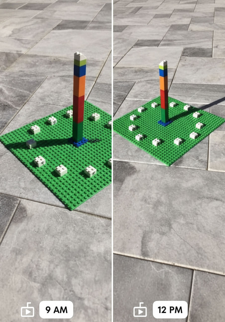 LEGO sundial showing long morning shadow versus short midday shadow demonstrating sun movement in kids science experiment