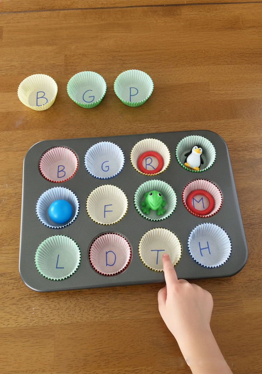 Lowercase letter variation of the muffin tin letter sounds sorting activity, comparing uppercase and lowercase cupcake liners