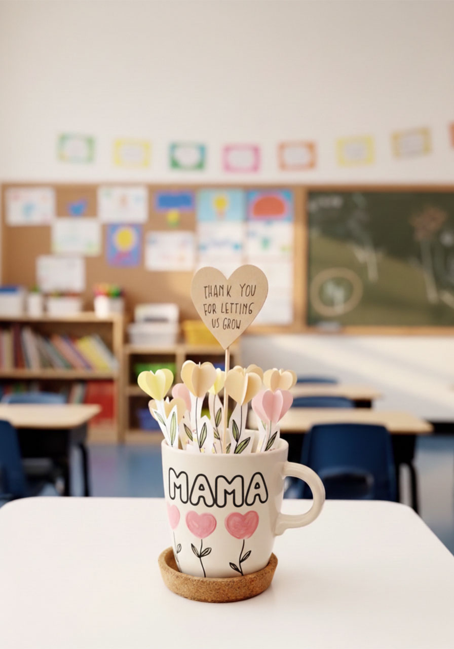 Finished DIY Mama mug decorated with pink heart flowers filled with pastel paper heart bouquet on sticks for Mother's Day