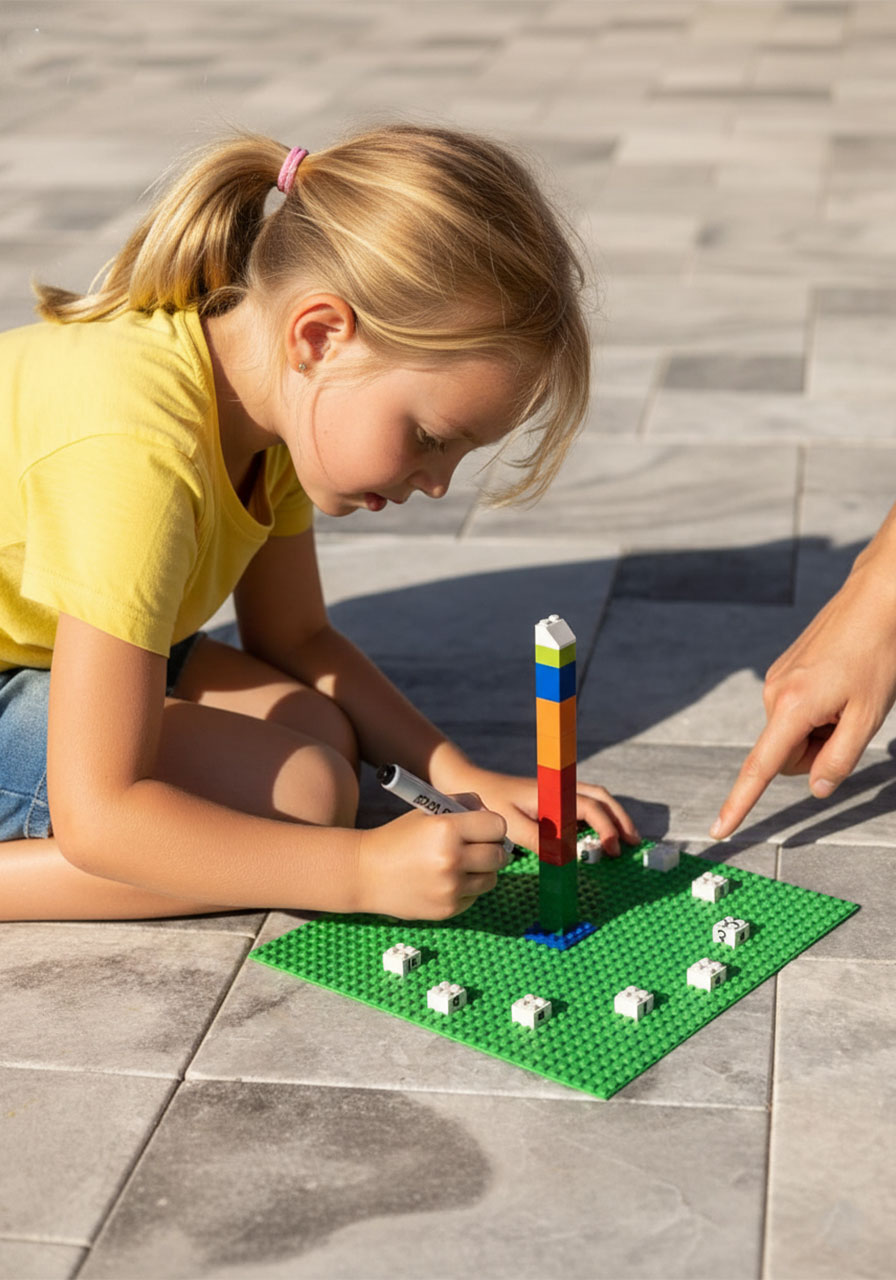 Child marking hour number on white LEGO brick next to sundial shadow during DIY LEGO sundial kids science experiment
