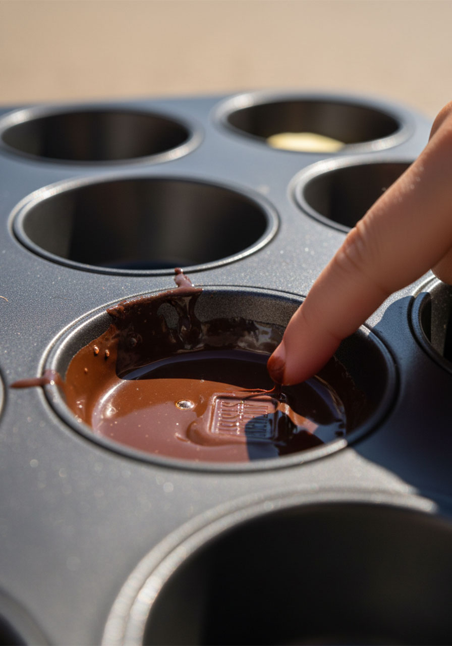 Close-up of melted chocolate in a muffin tin cup after being left in the sun during a kids science experiment