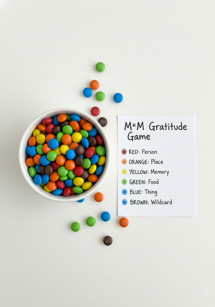 M&M gratitude game variation with color-coded candy prompts on a white table — a fun twist on the pick-up sticks game