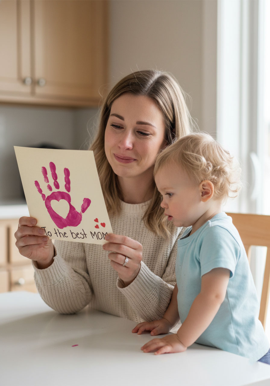 Mom holding a baby handprint Mother's Day card made by her toddler, smiling with emotion at the kitchen table