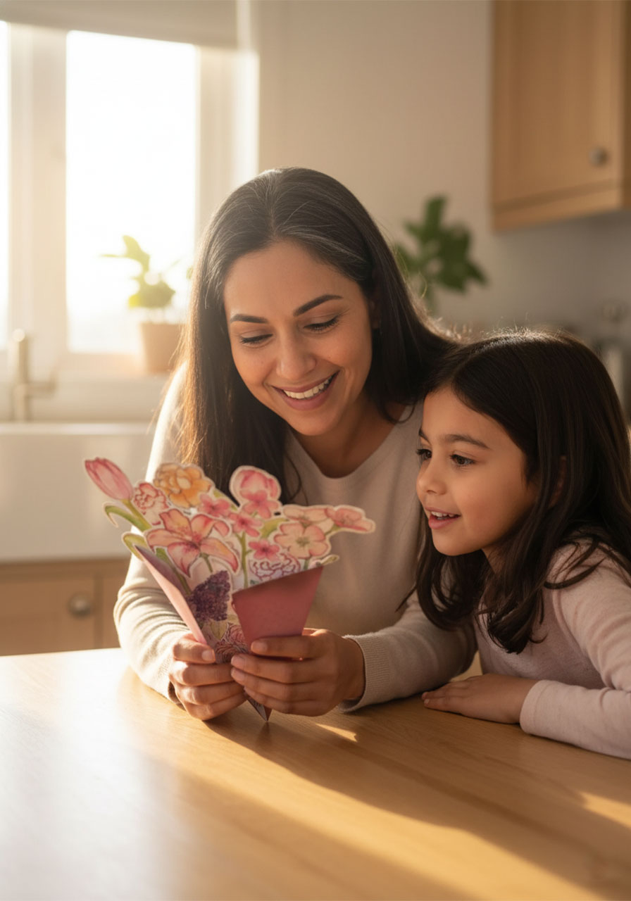 A mother receiving a handmade DIY forever bouquet card from her daughter on Mother's Day, smiling with joy at the hand-painted paper flower bouquet card