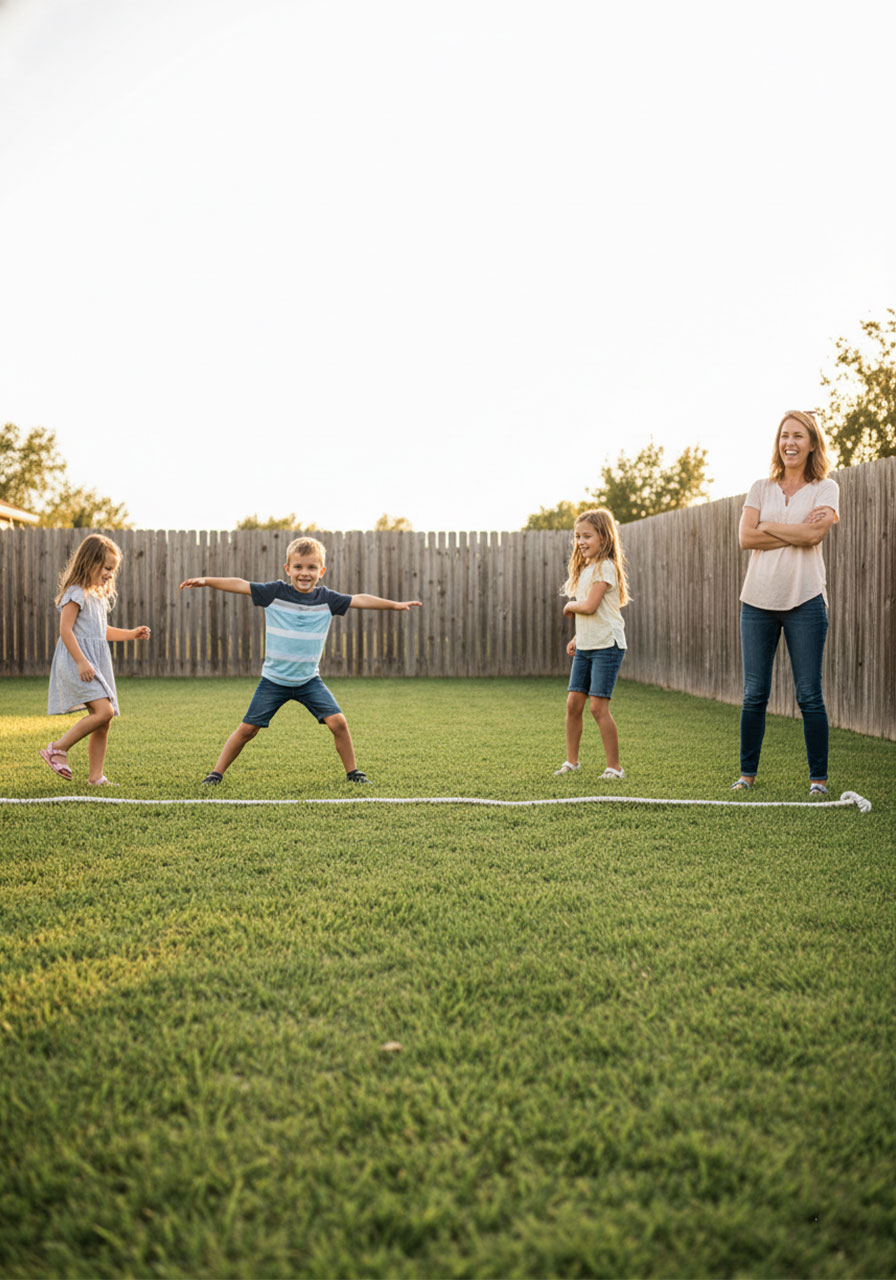 Children taking giant steps toward mom during a fun outdoor game of Mother May I in the backyard