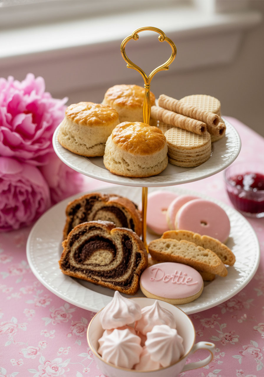Gold two-tiered treat stand with scones, cookies, and pastries surrounded by peonies for a Mother's Day brunch spread