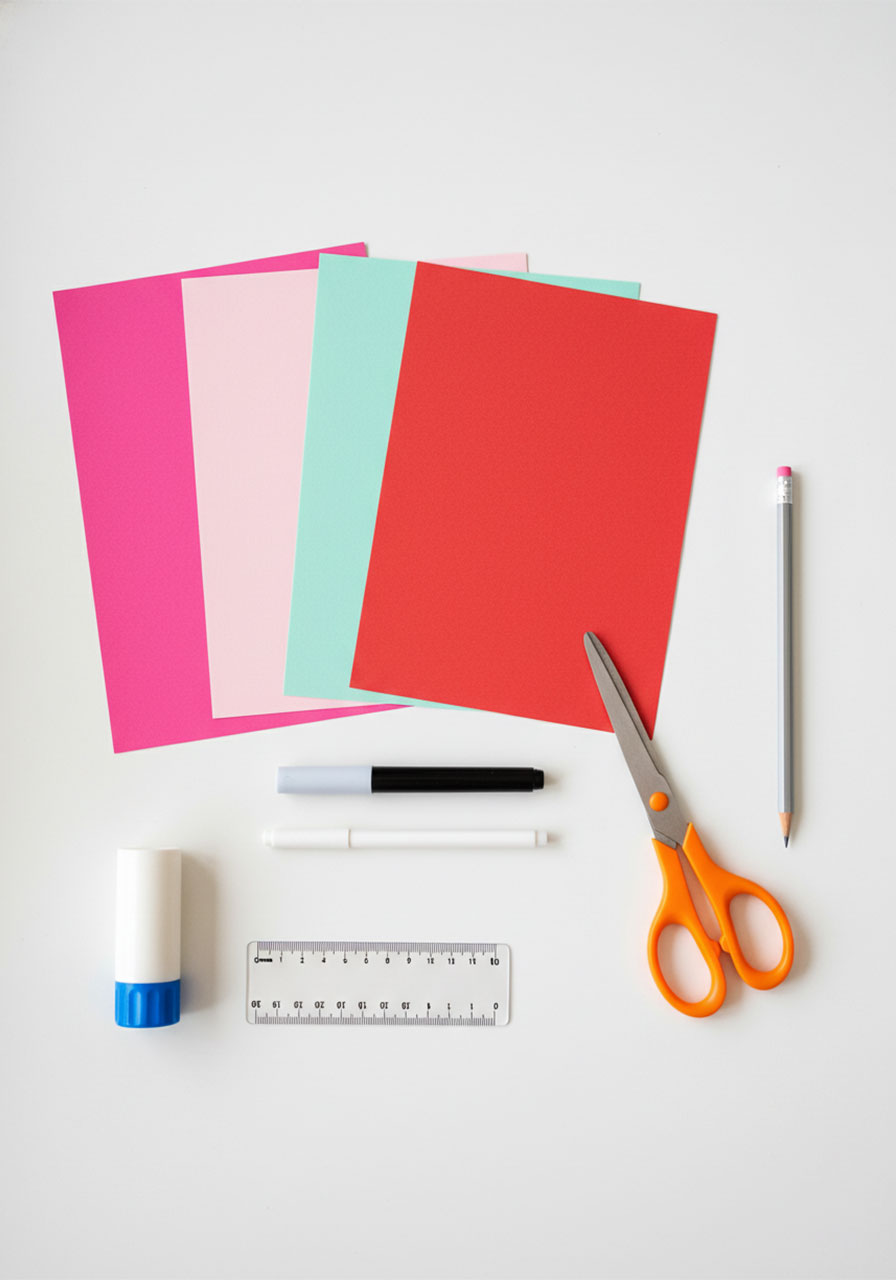 All materials needed for DIY 3D pop-up Mother's Day card including colored paper scissors glue and white gel pen