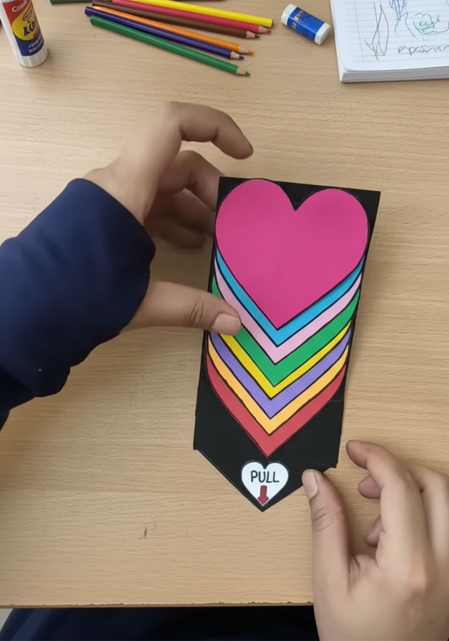 Close-up of the PULL tab on a DIY Mother's Day heart waterfall card showing how the sliding mechanism works step7b